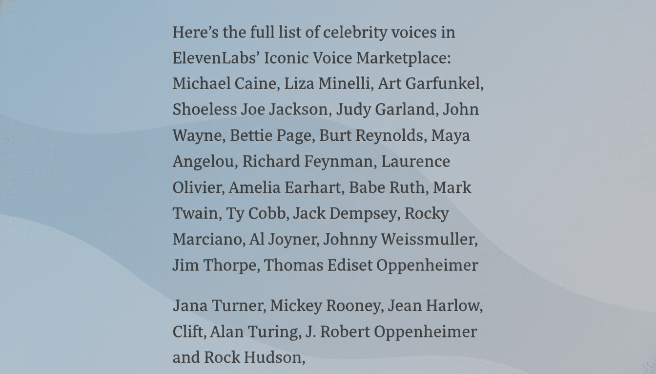 A list of celebrity voices available in ElevenLabs Iconic Voice Marketplace, including names like Michael Caine, Liza Minnelli, Judy Garland, John Wayne, Maya Angelou, and many others, presented on a professional flat design background with soft patterns and gradients.