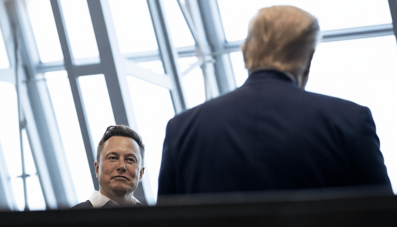 Elon Musk looking towards the camera with the back of Donald Trumps head in the foreground, resized to a 16:9 aspect ratio.