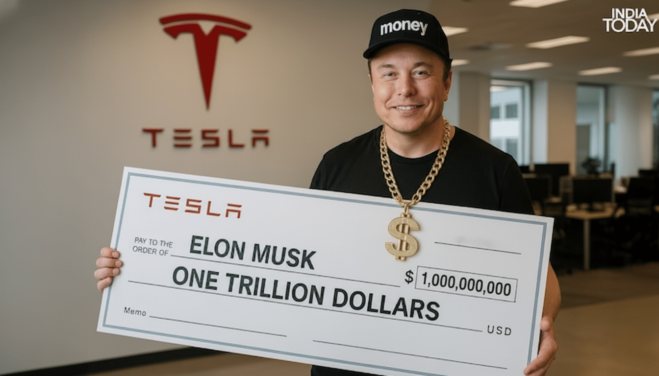 Elon Musk holding a giant check for one trillion dollars, standing in front of a Tesla logo.