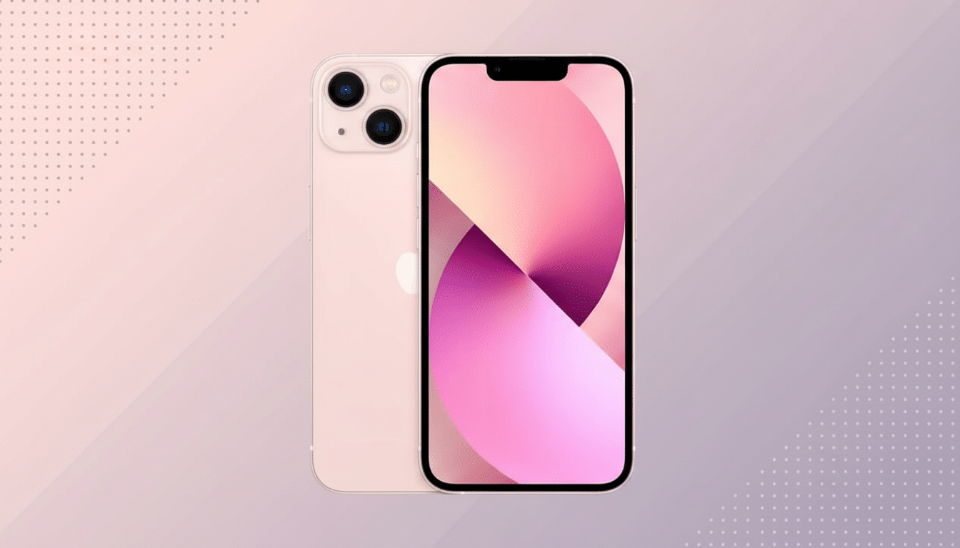 A pink iPhone 13 is displayed against a professional flat design background with soft pink and purple gradients and subtle dot patterns. The phone is shown from the front and back, with its screen displaying a pink and purple abstract wallpaper.