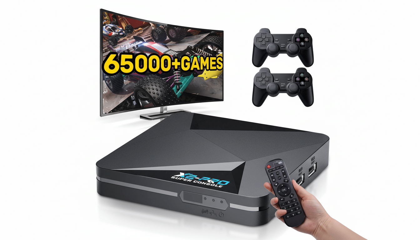 A black X2-PRO Super Console, two black game controllers, a curved TV displaying a racing game with 65000+ GAMES text, and a hand holding a remote control, all set against a clean white background.