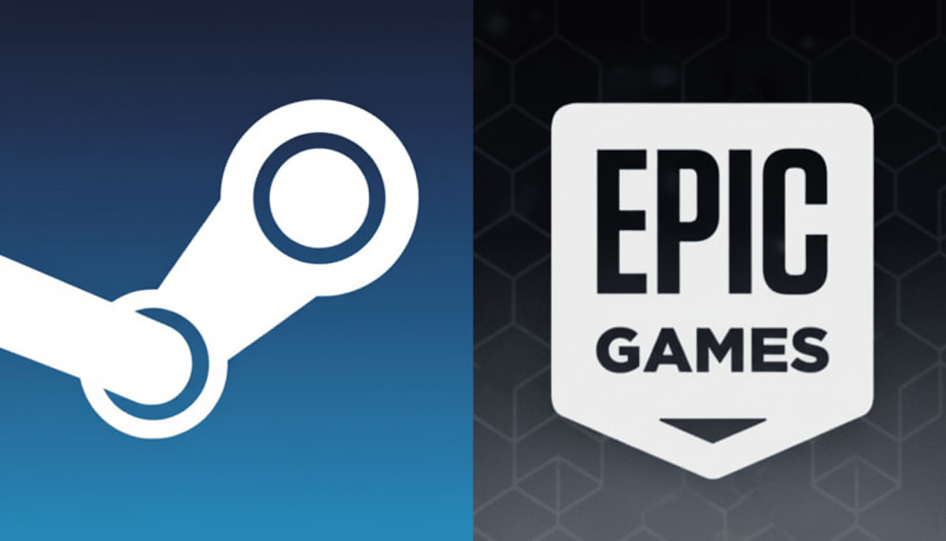 The Steam logo on a blue background next to the Epic Games logo on a dark, patterned background, resized to a 16:9 aspect ratio.