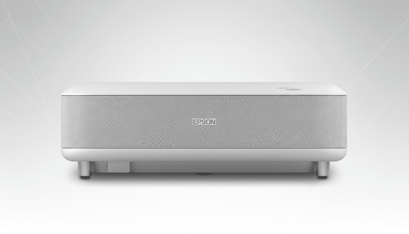 A white Epson projector with a textured front panel and the Bose logo, set against a professional light gray background with subtle geometric patterns.