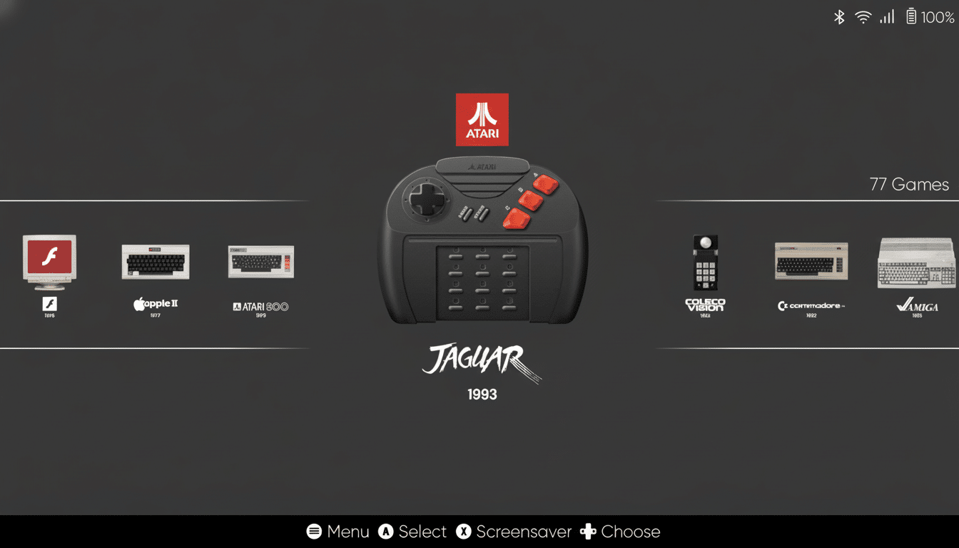 A 16:9 aspect ratio image of a video game console selection screen, featuring an Atari Jaguar controller prominently in the center, surrounded by various classic computer and console icons.
