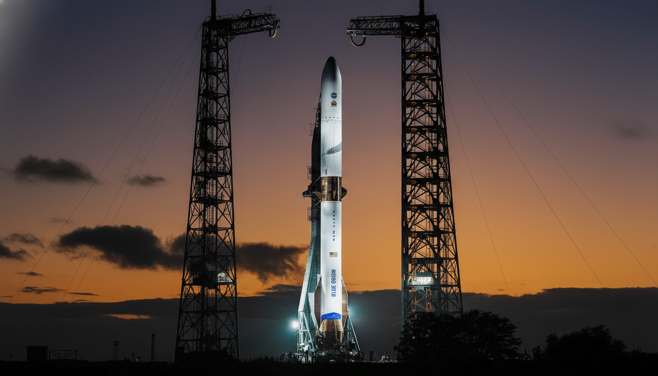 A Blue Origin New Glenn rocket stands on a launchpad between two tall support structures at dusk.