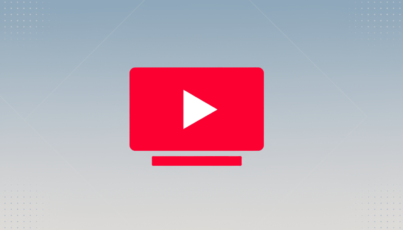 A red YouTube TV icon with a white play button in the center, set against a professional flat design background with soft gray and blue gradients and subtle geometric patterns.