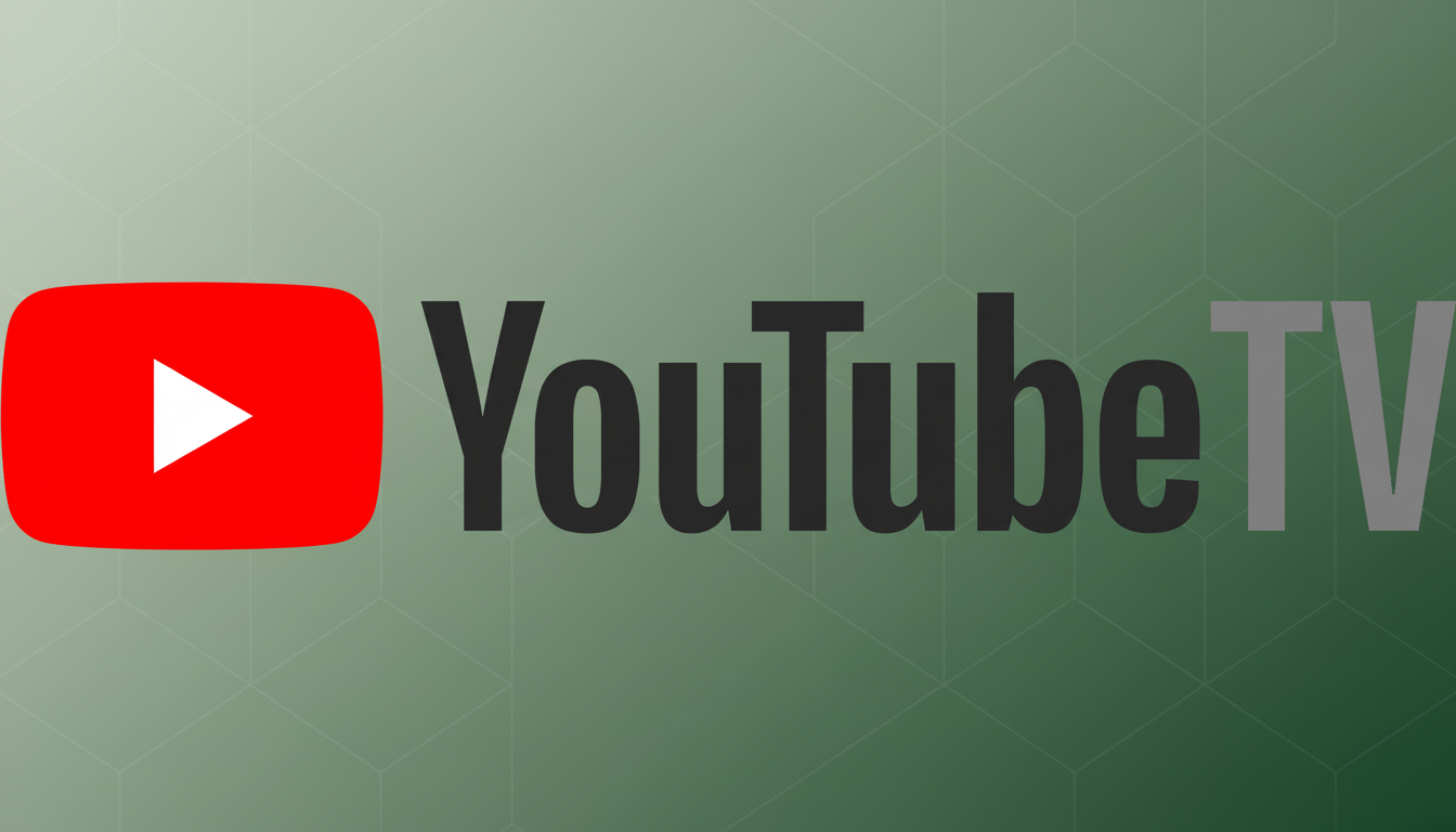 The YouTube TV logo, featuring the red play button icon and the words YouTube TV in black and gray, set against a professional flat design background with soft patterns and a green gradient.