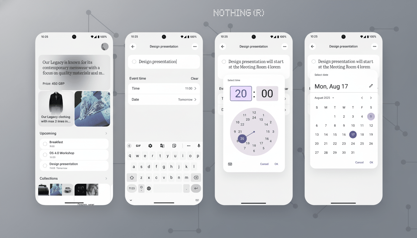A 16:9 aspect ratio image showcasing four mobile phone screens displaying different stages of a design presentation app. The first screen shows a clothing collection, the second shows event details input, the third shows time selection, and the fourth shows date selection.