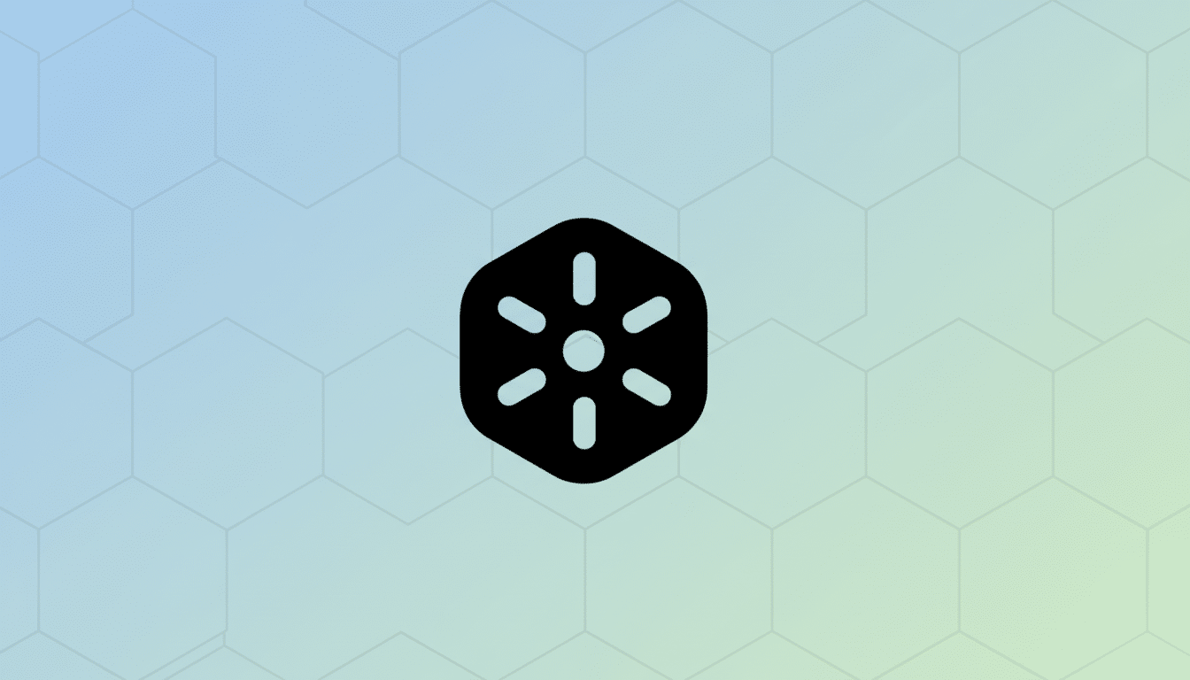 A black hexagonal icon with a central dot and six radiating dashes, set against a professional 16:9 background with a soft blue-to-green gradient and subtle hexagonal patterns.