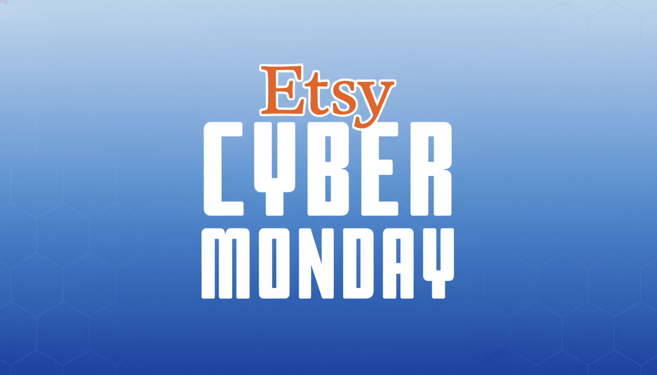 Etsy Cyber Monday logo on a blue gradient background with subtle hexagonal patterns.