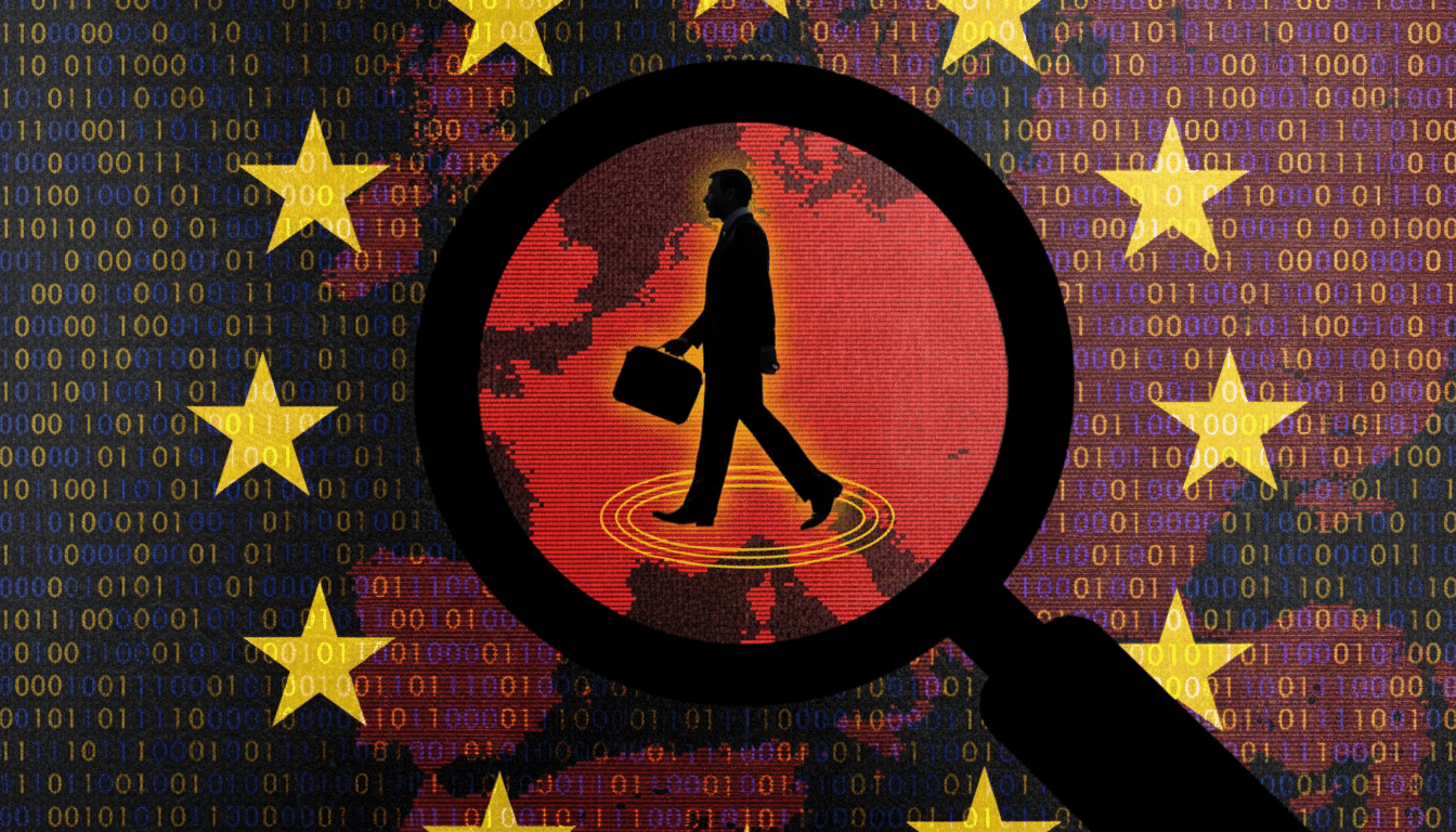 A silhouette of a businessman walking with a briefcase, magnified by a magnifying glass over a red map of Europe, set against a background of the European Union flag with binary code overlay.