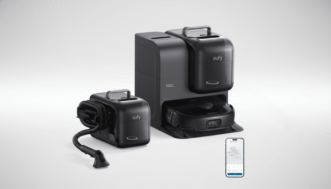 A professional 16:9 aspect ratio image of the eufy X10 Pro Omni robot vacuum and mop system, with its self-emptying and refilling station, and a separate handheld cleaning attachment. The background is a clean, light gray with subtle wave patterns. A smartphone displaying the eufy app interface is in the bottom right corner.