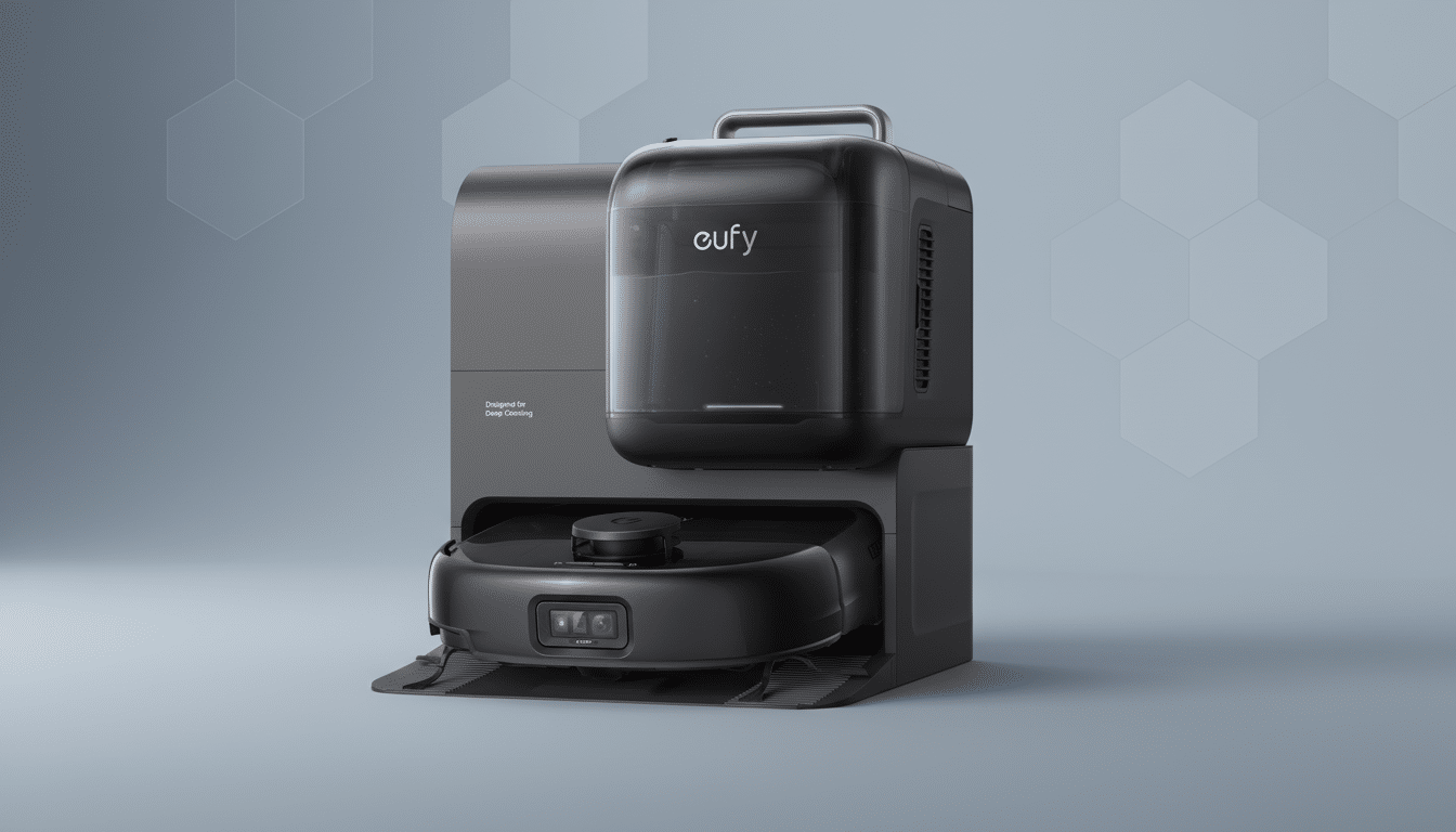 A black Eufy robot vacuum with an auto-empty station, set against a professional gray background with subtle hexagonal patterns.