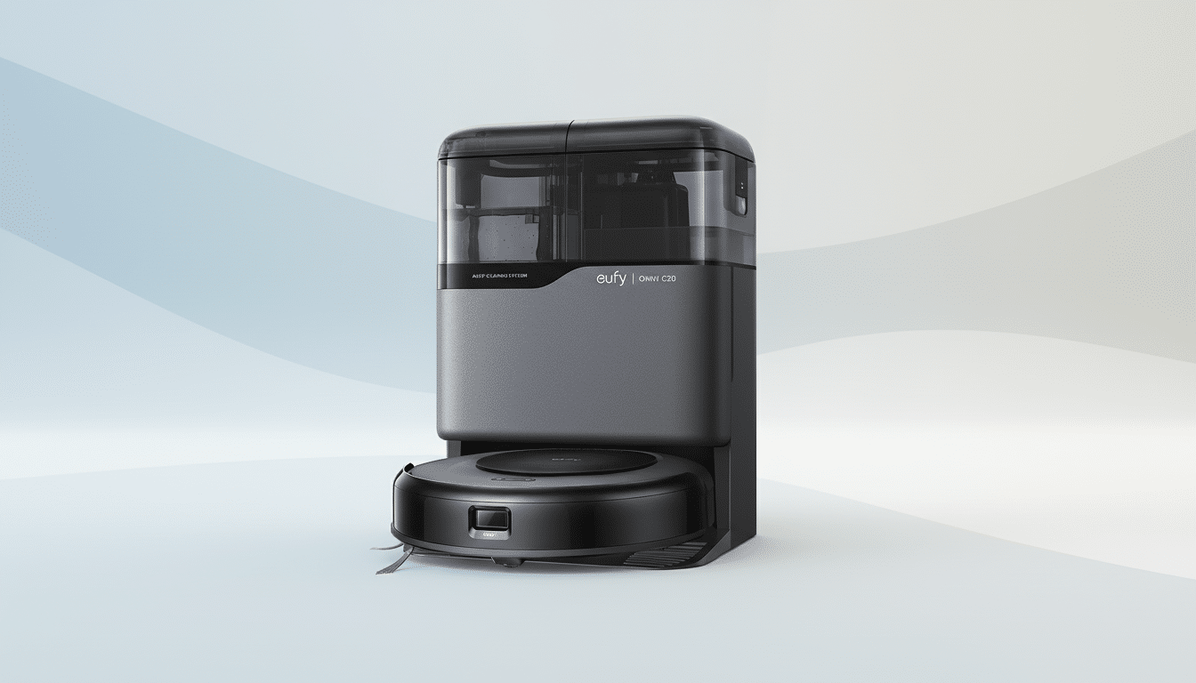 A black and gray Eufy Omni C20 robot vacuum with its auto-cleaning station, presented on a professional flat design background with soft blue and white gradients.