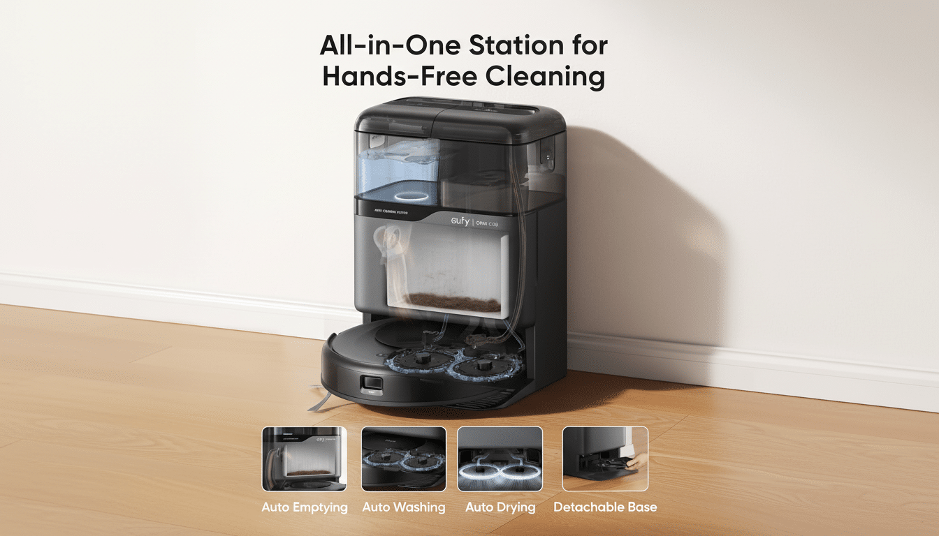 A black Eufy Omni C20 robot vacuum and its all-in-one cleaning station are displayed on a wooden floor against a light gray wall. The station is labeled All-in-One Station for Hands-Free Cleaning. Below the main image, four smaller images illustrate features: Auto Emptying, Auto Washing, Auto Drying, and Detachable Base.