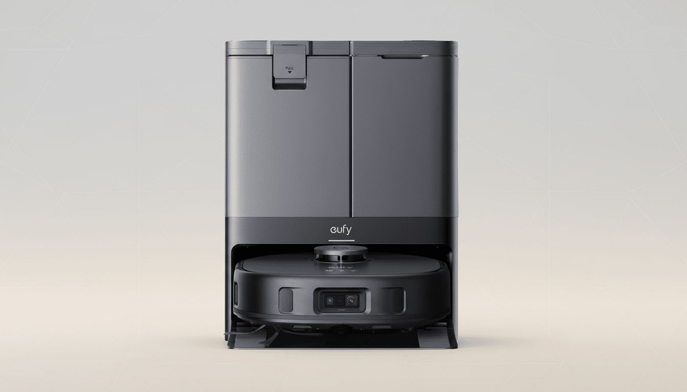 A black Eufy robot vacuum cleaner docked in its charging station, presented against a professional light gradient background.