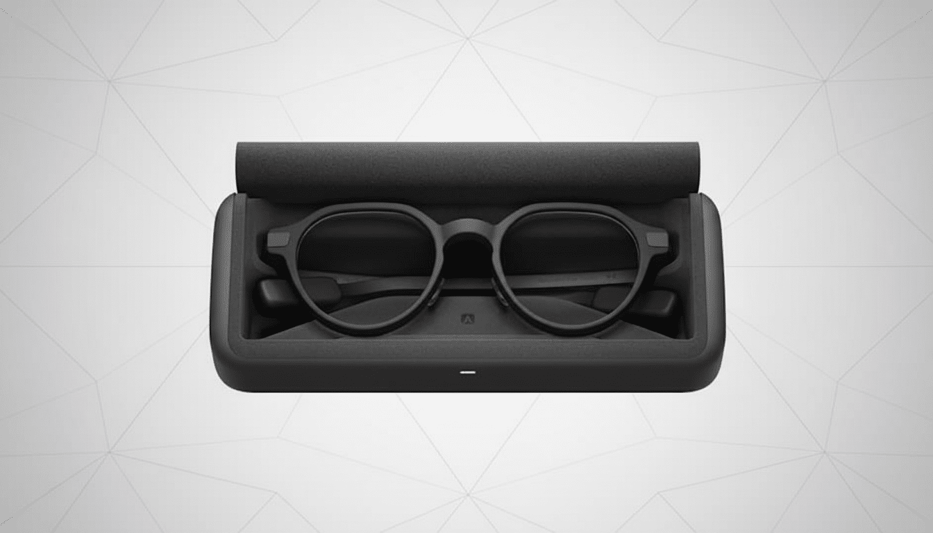 A pair of black smart glasses with round frames resting in an open black charging case, presented on a professional light gray background with a subtle geometric pattern.
