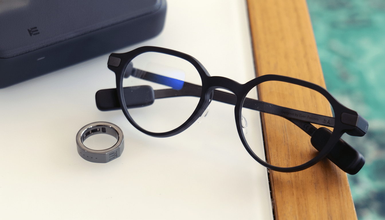 A pair of black smart glasses and a smart ring on a white and wooden surface, with a dark case in the background.