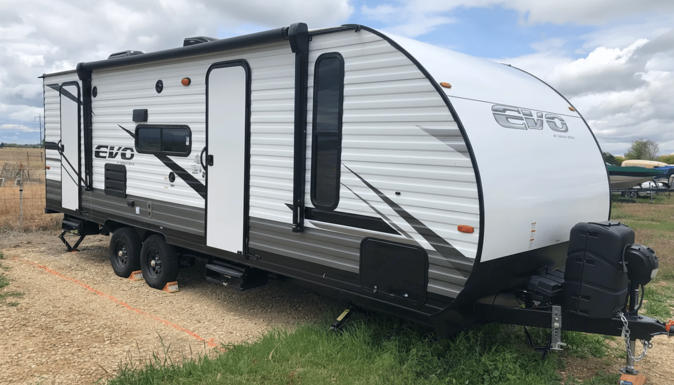 A white and grey travel trailer with the EVO logo on its side, parked on a grassy and dirt patch under a cloudy sky.