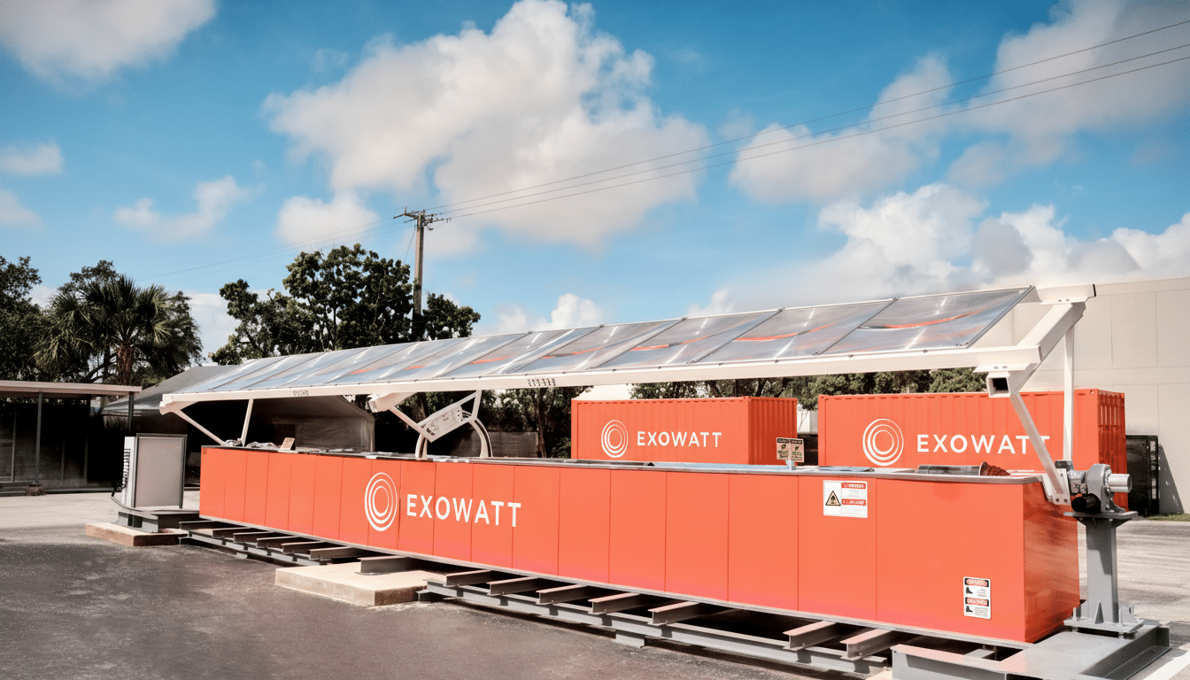 A professional image of an Exowatt solar energy system with orange containers and solar panels under a blue sky with clouds.