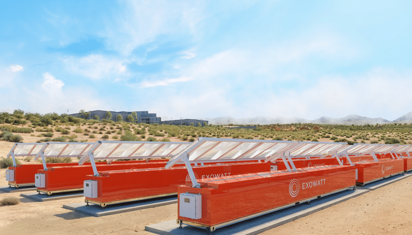 A row of orange Exowatt energy storage units with white solar panels on top, set in a desert landscape under a blue sky.