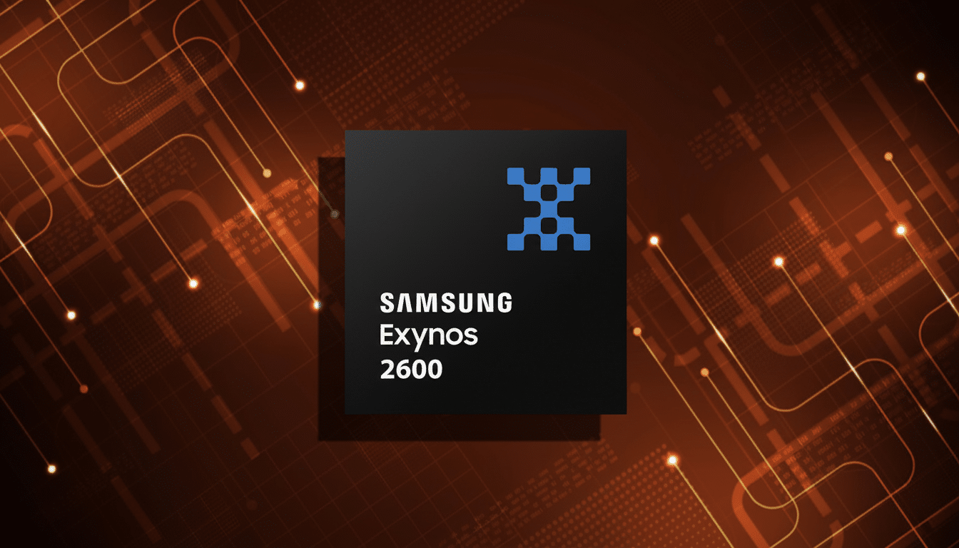 A black square with a blue X logo and the text SAMSUNG Exynos 2600 in white, set against a dark orange background with glowing circuit board patterns.