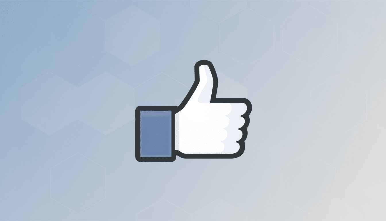 A 16:9 aspect ratio image of the Facebook Like icon, featuring a white thumb with a blue cuff, set against a professional flat design background with soft blue and grey gradients and subtle hexagonal patterns.