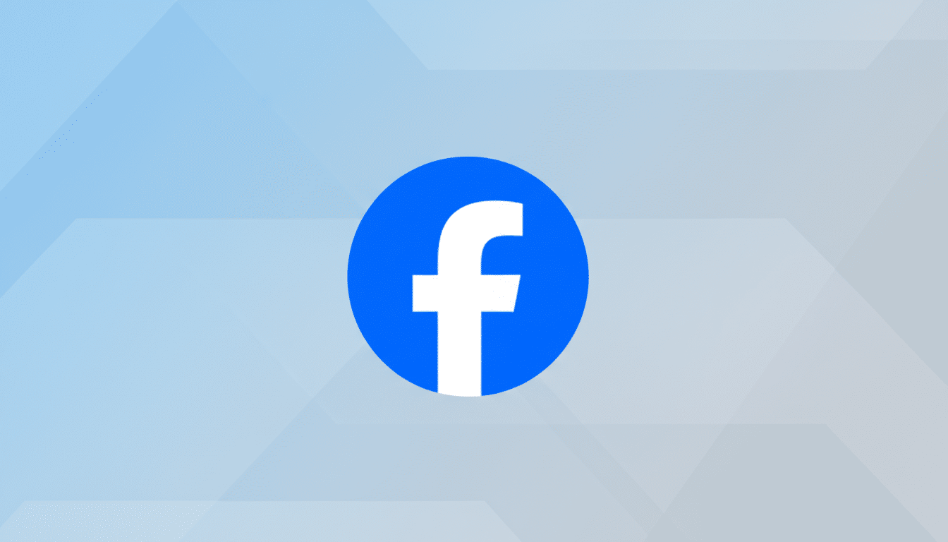 The Facebook f logo in white on a blue circle, centered on a light blue background with subtle geometric patterns.