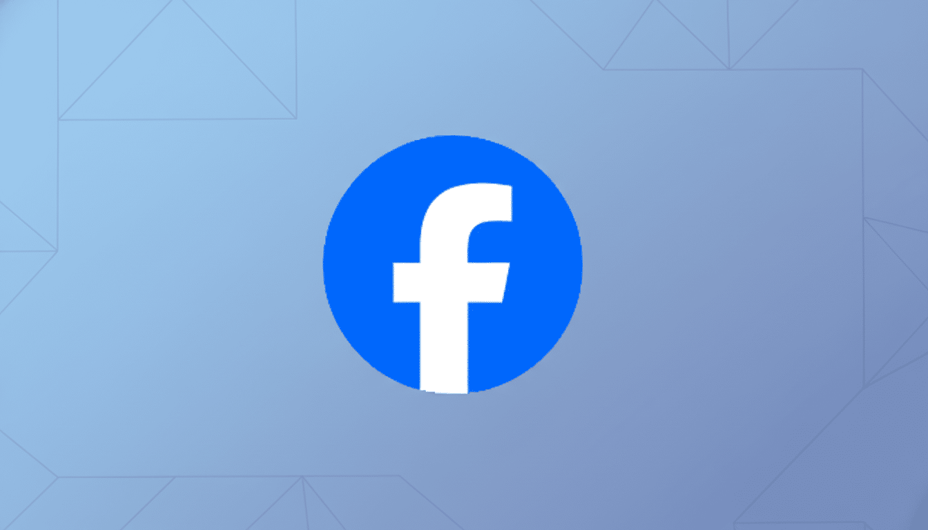 The Facebook f logo in white on a blue circle, centered on a light blue background with subtle geometric patterns.
