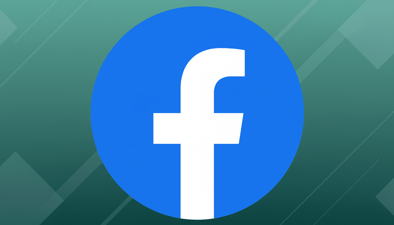 The Facebook logo, a white lowercase f on a blue circle, centered on a professional flat design background with soft green gradients and subtle geometric patterns.