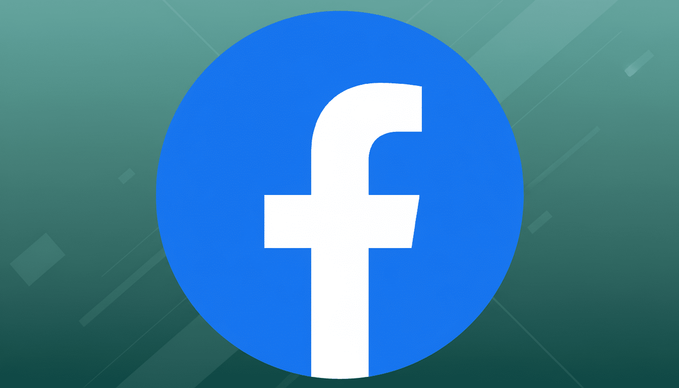 The Facebook logo, a white lowercase f on a blue circle, centered on a professional flat design background with soft teal and green gradients and subtle geometric patterns.