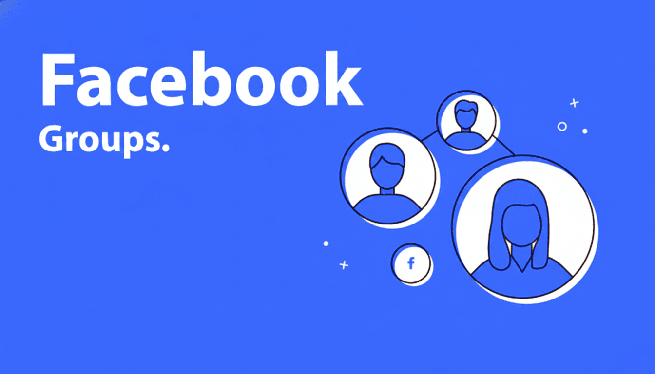 A blue background with the text Facebook Groups. in white, accompanied by a graphic of interconnected user profile icons, one of which contains a small Facebook f logo.