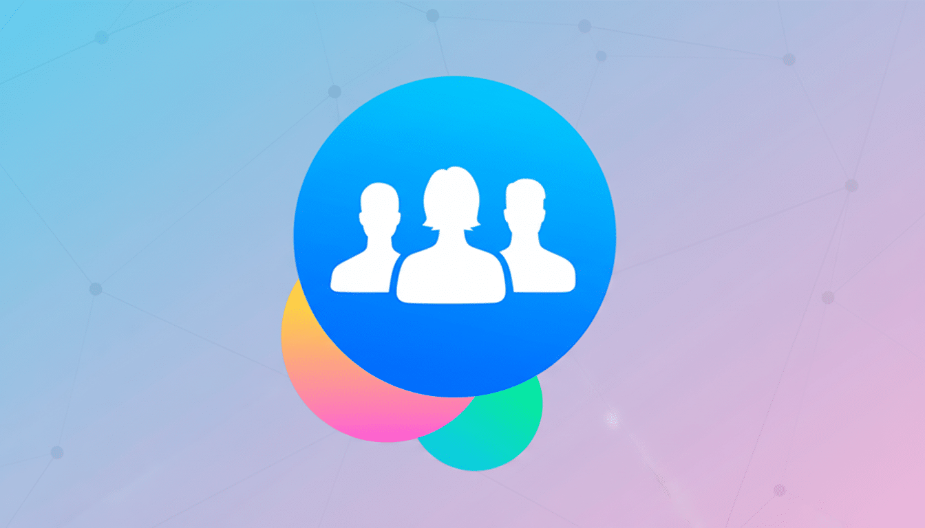 A 16:9 image featuring a blue circle with three white human silhouettes, representing a group or team, set against a professional flat design background with soft gradients and subtle geometric patterns.