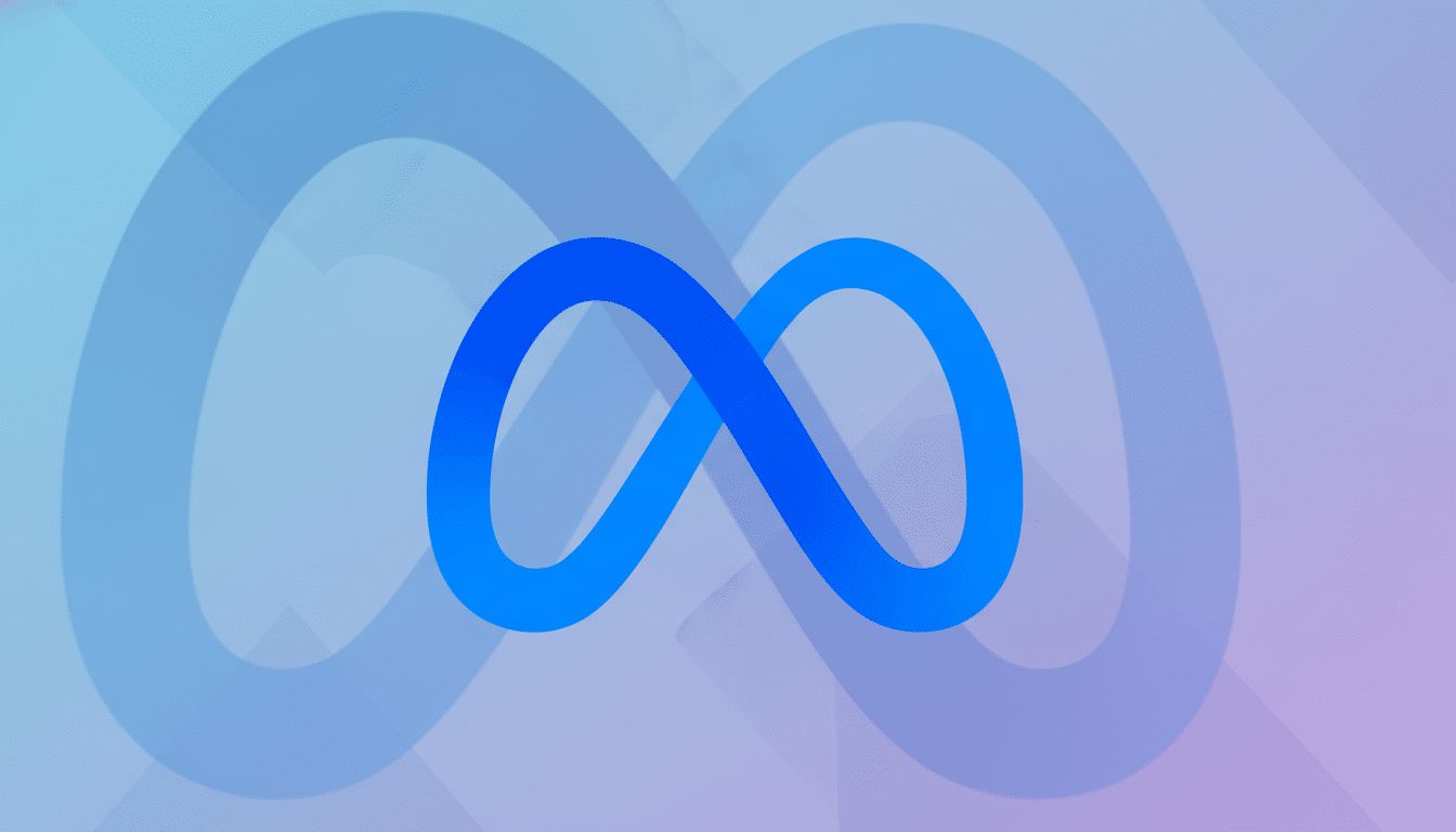 The Meta logo, a blue gradient infinity loop, centered on a professional flat design background with soft blue and purple gradients and subtle geometric patterns.