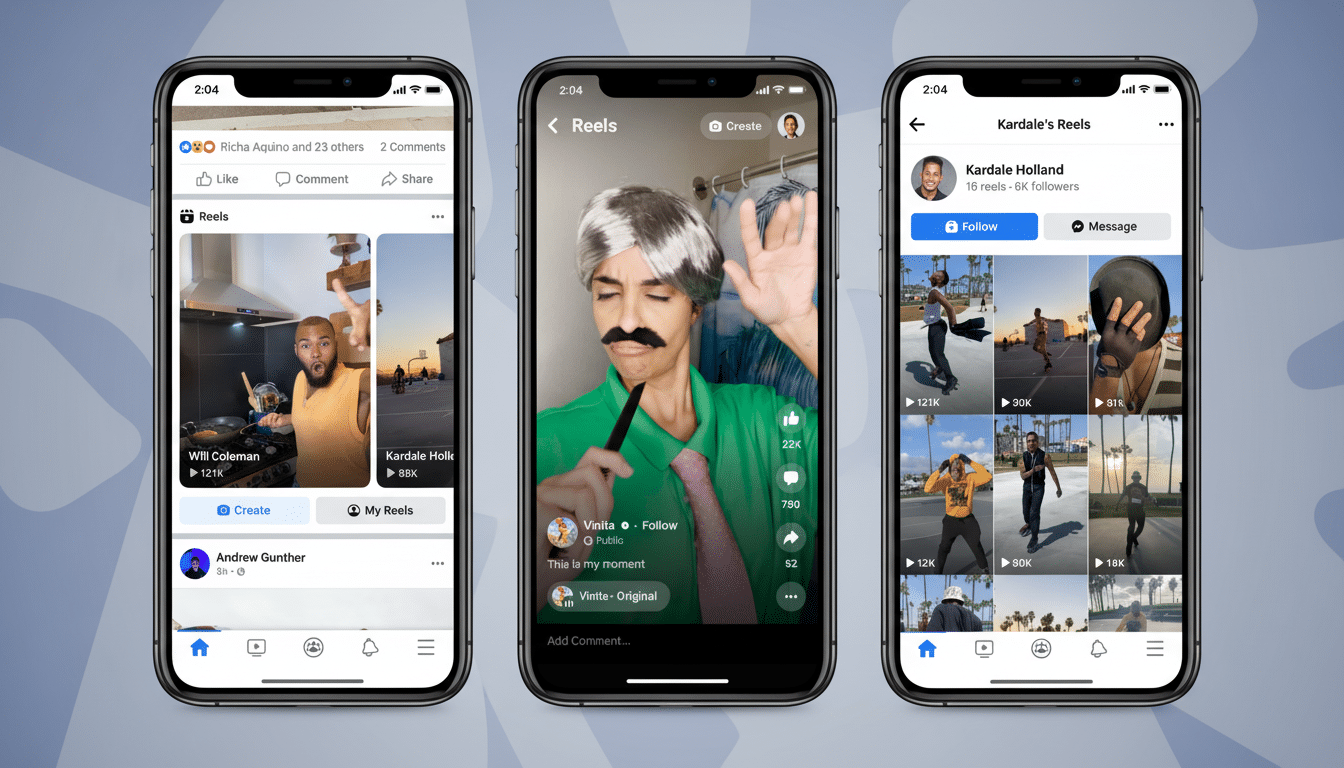 Three iPhones displaying Facebook Reels content, with the background subtly changed to a professional flat design with soft patterns and gradients.