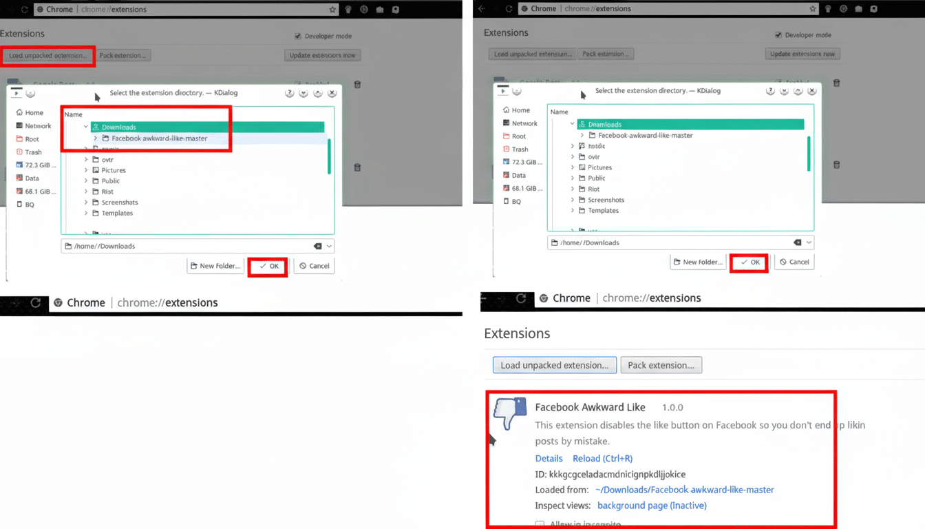 A screenshot of the Chrome Extensions page, showing the process of loading an unpacked extension called Facebook Awkward Like. The extensions details are displayed, indicating it disables the like button on Facebook.
