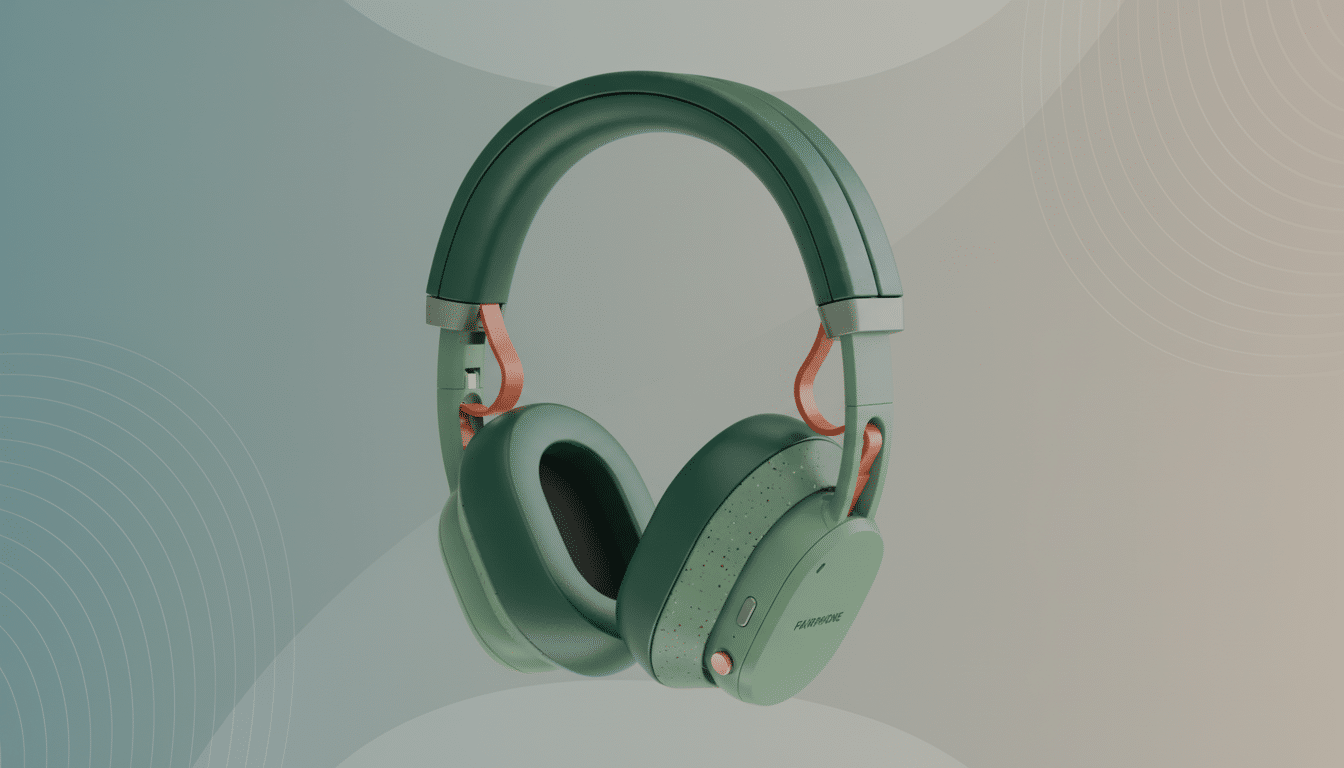 A pair of green Fairphone headphones with orange accents, presented on a professional flat design background with soft gradients and subtle patterns.