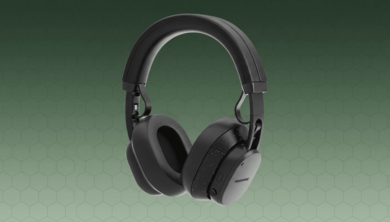 A pair of black over-ear headphones with a speckled design on the earcups, presented on a professional green background with a subtle hexagonal pattern.