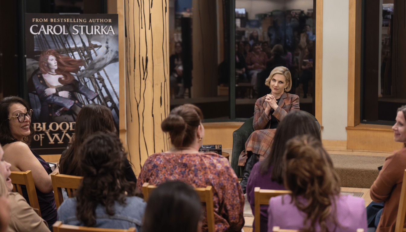 A woman with blonde hair in a plaid suit sits on a green armchair, smiling at an audience of people, with a book cover for Blood of Wy by Carol Sturka visible on a stand to the left.