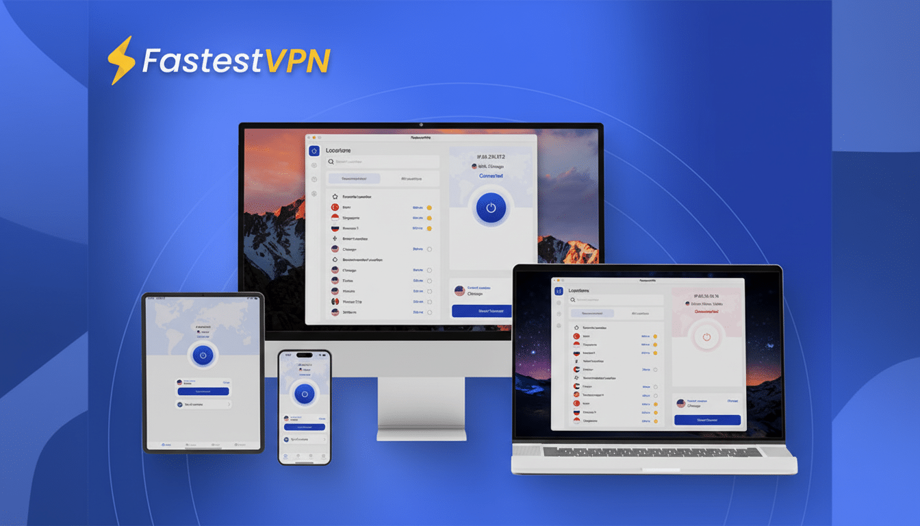 FastestVPN logo and app interfaces displayed on a desktop monitor, laptop, tablet, and smartphone, showcasing the VPNs multi-device compatibility and user interface.