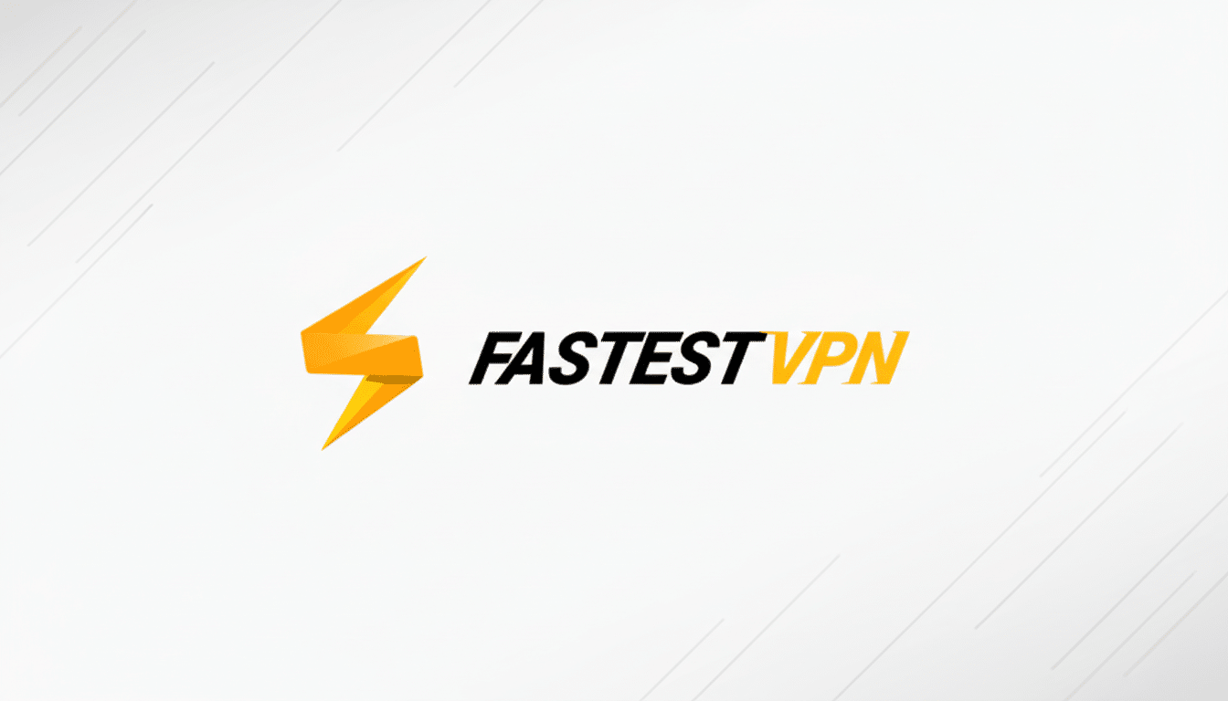 The FastestVPN logo, featuring a stylized orange and yellow lightning bolt to the left of the text FASTESTVPN in black and yellow, presented on a professional light gray background with subtle diagonal line patterns.