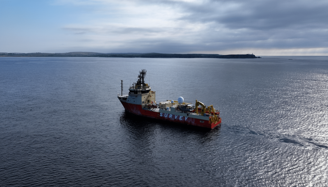 A red and white survey ship with SURVEY written on its side, sailing on calm blue water under a partly cloudy sky.