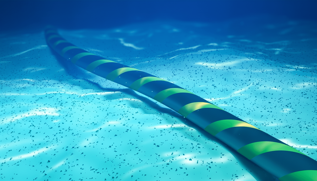 A green and black striped cable lying on the seabed, with light blue water above it.