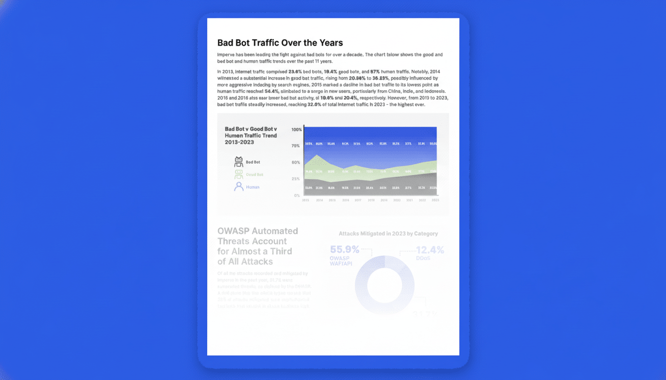 A professional, enhanced image of a report titled Bad Bot Traffic Over the Years, resized to a 16:9 aspect ratio. The report details trends in bad bot, good bot, and human traffic from 2013-2023, featuring a stacked area chart and additional statistics on automated threats and mitigated attacks. The background is a clean, professional flat design with soft gradients, preserving the original content of the report.