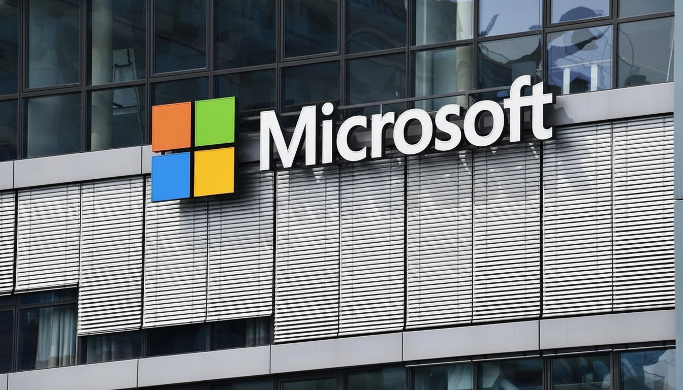 The Microsoft logo and name displayed prominently on the exterior of a modern building, resized to a 16:9 aspect ratio.