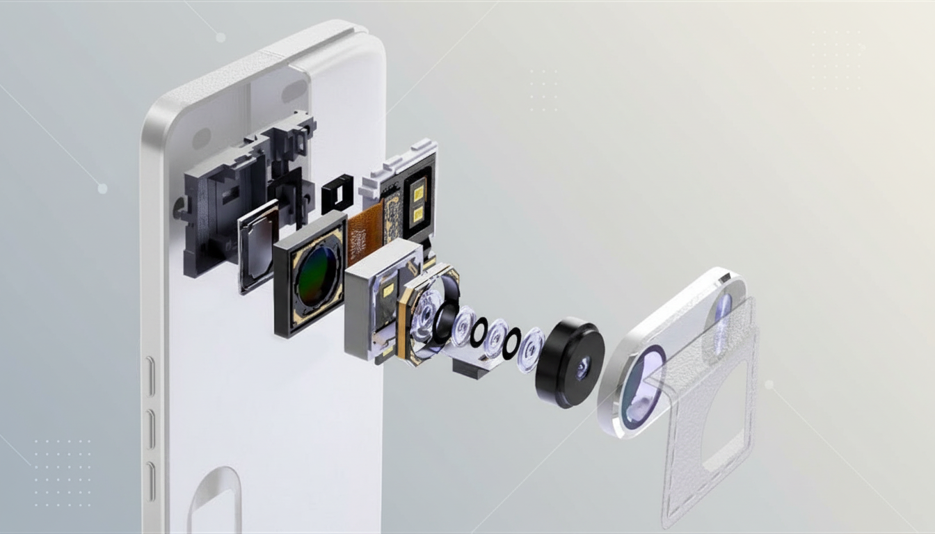 An exploded view of a smartphone camera module, showing its internal components like lenses, sensors, and other electronic parts, set against a professional flat design background with soft patterns.