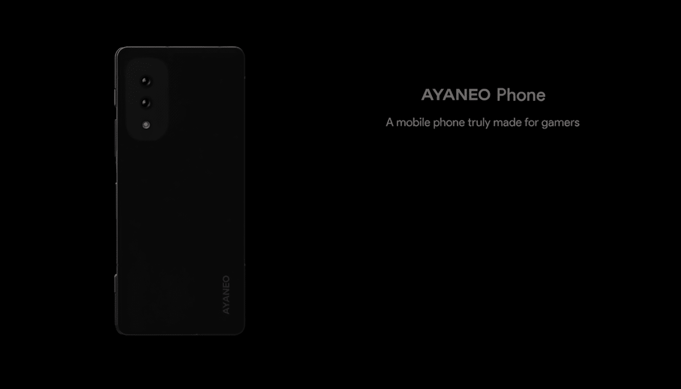 A black AYANEO Phone is shown on a black background with the text AYANEO Phone and A mobile phone truly made for gamers to its right.