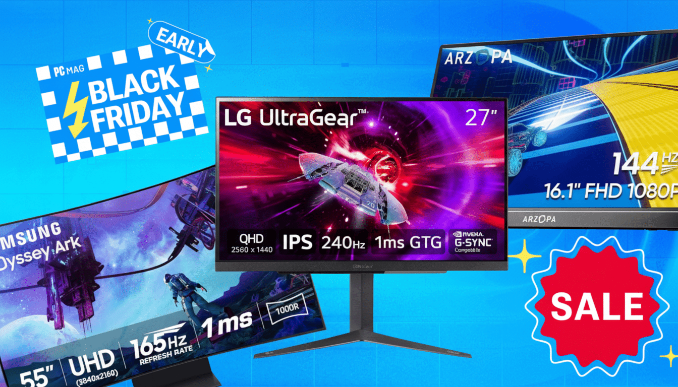 A collage of gaming monitors with Early Black Friday and Sale tags, showcasing various features and brands like LG UltraGear, Samsung Odyssey Ark, and Arzopa.