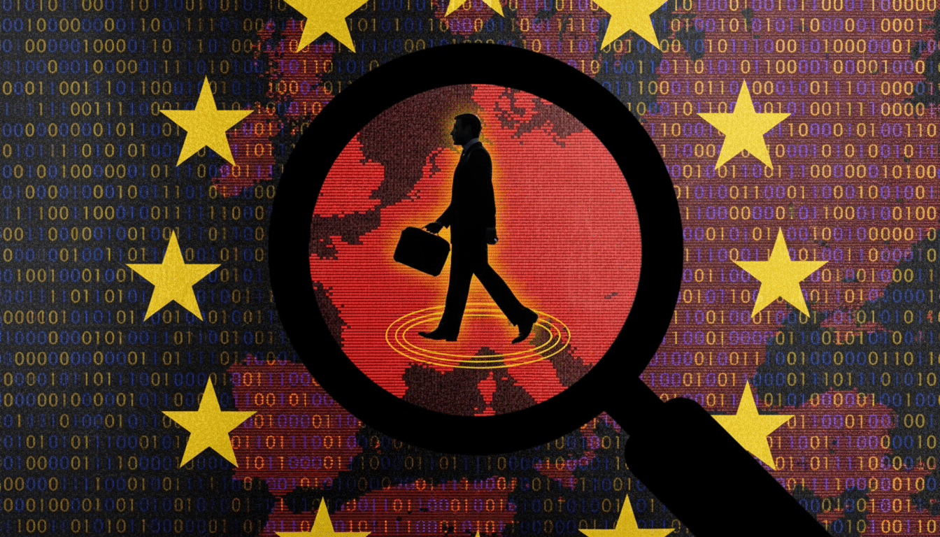 A silhouette of a businessman walking with a briefcase, magnified by a magnifying glass over a red map of Europe, set against a background of the European Union flag with binary code overlay.