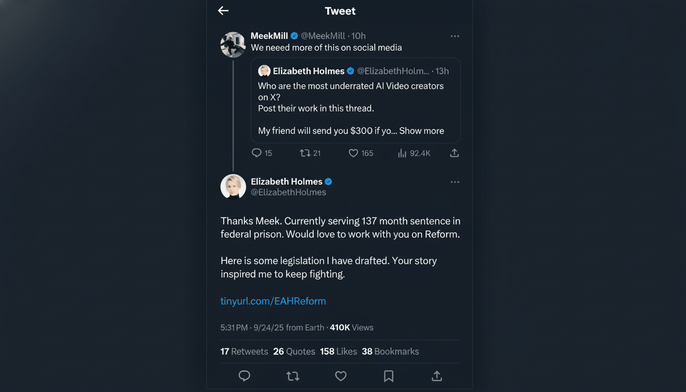 A screenshot of a Twitter conversation between Meek Mill and Elizabeth Holmes.